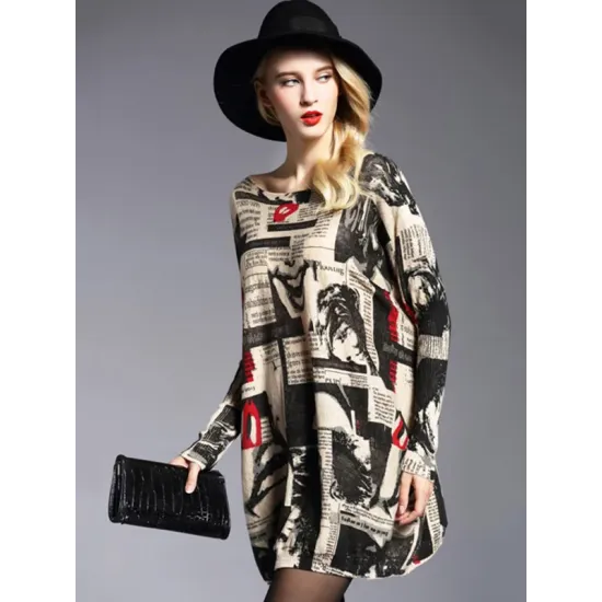 Urban Loose One-Shoulder Printed Split-Joint Sweater Urban Loose One-Shoulder Printed Split-Joint Sweater