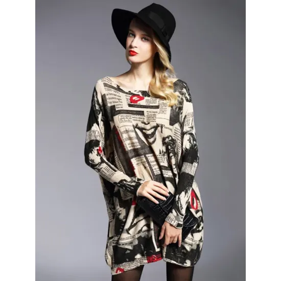 Urban Loose One-Shoulder Printed Split-Joint Sweater Urban Loose One-Shoulder Printed Split-Joint Sweater