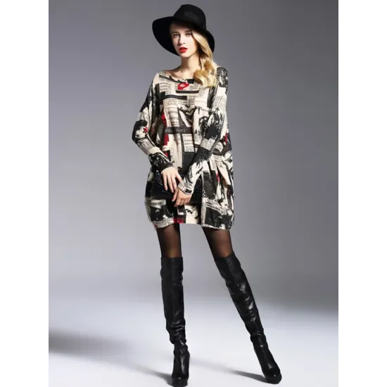 Urban Loose One-Shoulder Printed Split-Joint Sweater Urban Loose One-Shoulder Printed Split-Joint Sweater