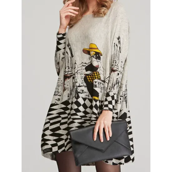 Vintage Loose Printed Split-Joint Sweater Vintage Loose Printed Split-Joint Sweater