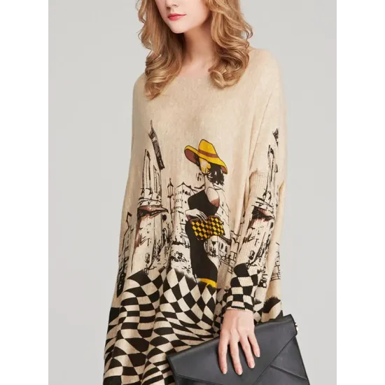 Vintage Loose Printed Split-Joint Sweater Vintage Loose Printed Split-Joint Sweater