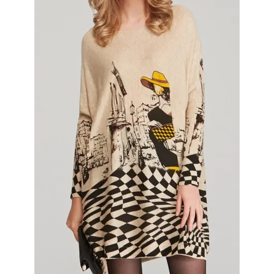 Vintage Loose Printed Split-Joint Sweater Vintage Loose Printed Split-Joint Sweater