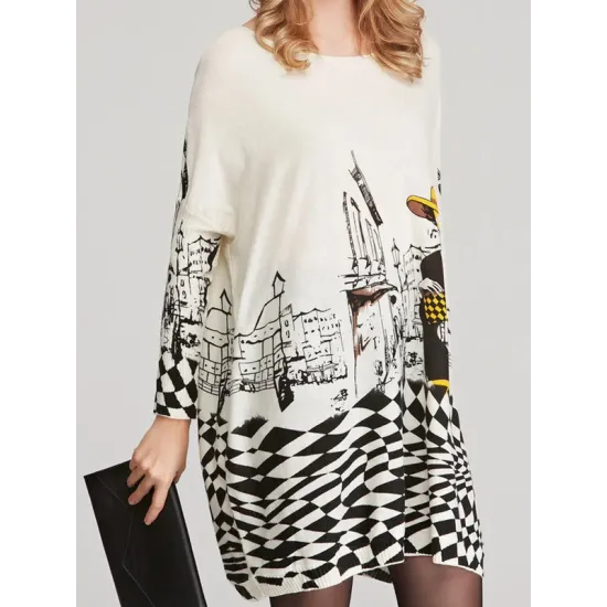 Vintage Loose Printed Split-Joint Sweater Vintage Loose Printed Split-Joint Sweater