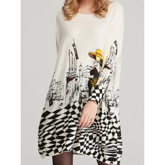 Vintage Loose Printed Split-Joint Sweater Vintage Loose Printed Split-Joint Sweater