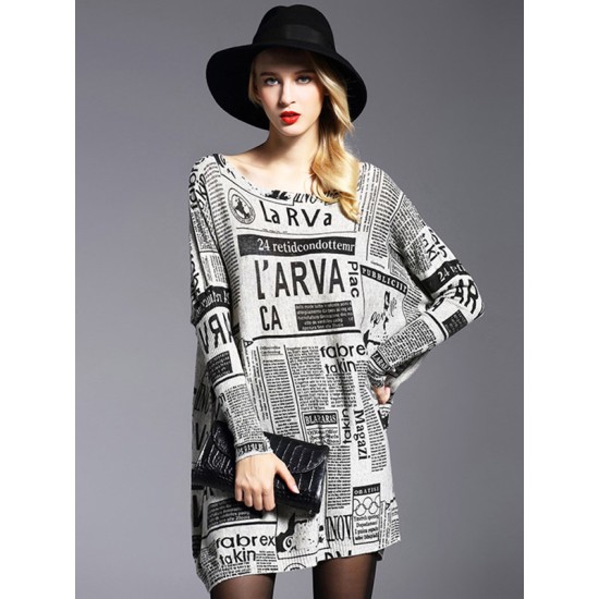 Vintage Loose One-Shoulder Newspaper Printed Split-Joint Sweater Vintage Loose One-Shoulder Newspaper Printed Split-Joint Sweater
