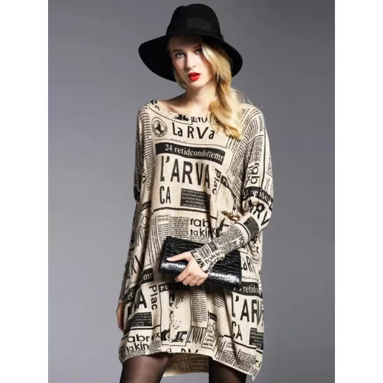 Vintage Loose One-Shoulder Newspaper Printed Split-Joint Sweater Vintage Loose One-Shoulder Newspaper Printed Split-Joint Sweater