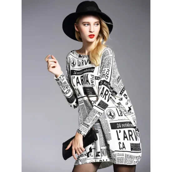 Vintage Loose One-Shoulder Newspaper Printed Split-Joint Sweater Vintage Loose One-Shoulder Newspaper Printed Split-Joint Sweater