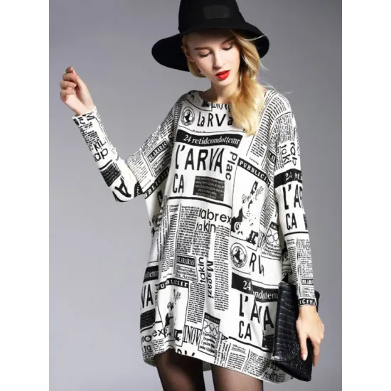 Vintage Loose One-Shoulder Newspaper Printed Split-Joint Sweater Vintage Loose One-Shoulder Newspaper Printed Split-Joint Sweater