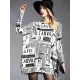 Vintage Loose One-Shoulder Newspaper Printed Split-Joint Sweater Vintage Loose One-Shoulder Newspaper Printed Split-Joint Sweater