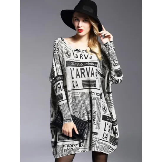 Vintage Loose One-Shoulder Newspaper Printed Split-Joint Sweater Vintage Loose One-Shoulder Newspaper Printed Split-Joint Sweater