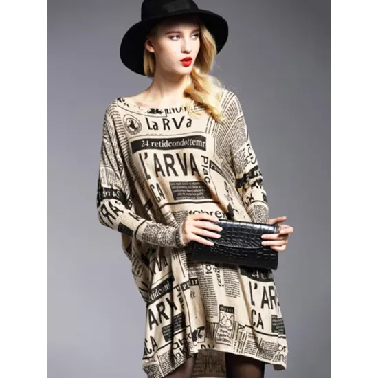 Vintage Loose One-Shoulder Newspaper Printed Split-Joint Sweater Vintage Loose One-Shoulder Newspaper Printed Split-Joint Sweater