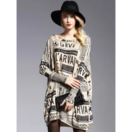Vintage Loose One-Shoulder Newspaper Printed Split-Joint Sweater Vintage Loose One-Shoulder Newspaper Printed Split-Joint Sweater