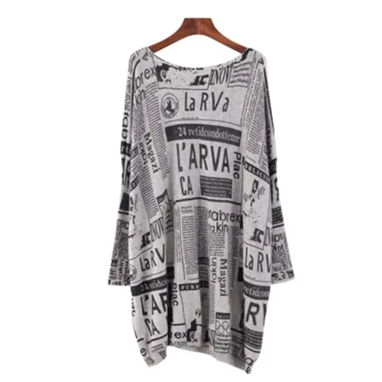 Vintage Loose One-Shoulder Newspaper Printed Split-Joint Sweater Vintage Loose One-Shoulder Newspaper Printed Split-Joint Sweater