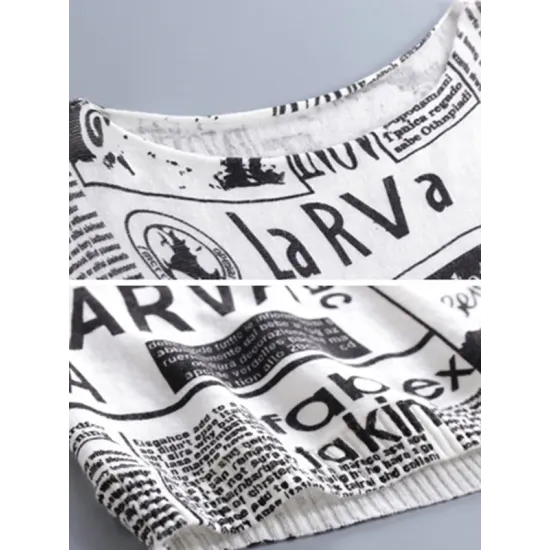 Vintage Loose One-Shoulder Newspaper Printed Split-Joint Sweater Vintage Loose One-Shoulder Newspaper Printed Split-Joint Sweater