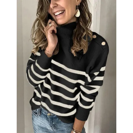 Original Loose Striped Buttoned High-Neck Long Sleeves Sweater Top Original Loose Striped Buttoned High-Neck Long Sleeves Sweater Top