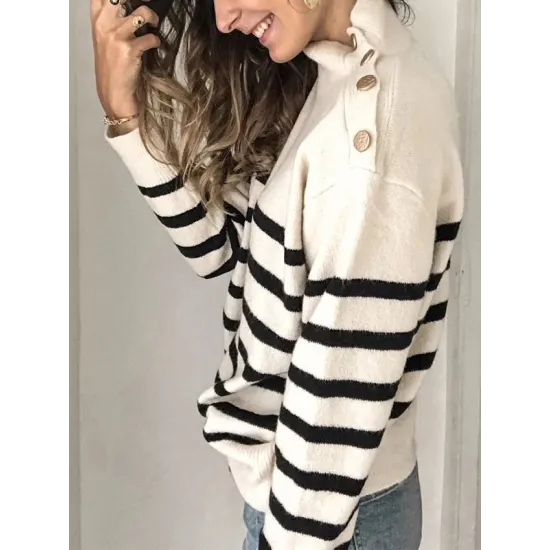 Original Loose Striped Buttoned High-Neck Long Sleeves Sweater Top Original Loose Striped Buttoned High-Neck Long Sleeves Sweater Top