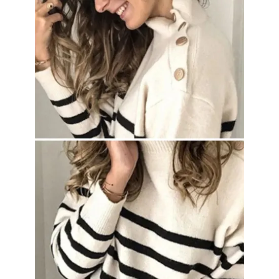 Original Loose Striped Buttoned High-Neck Long Sleeves Sweater Top Original Loose Striped Buttoned High-Neck Long Sleeves Sweater Top