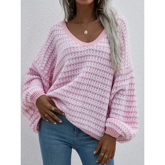 Original Loose Striped 8 Colors V-Neck Long Sleeves Sweater Top