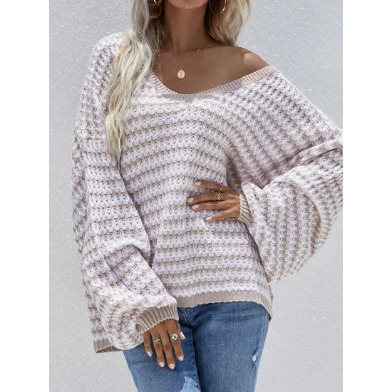 Original Loose Striped 8 Colors V-Neck Long Sleeves Sweater Top