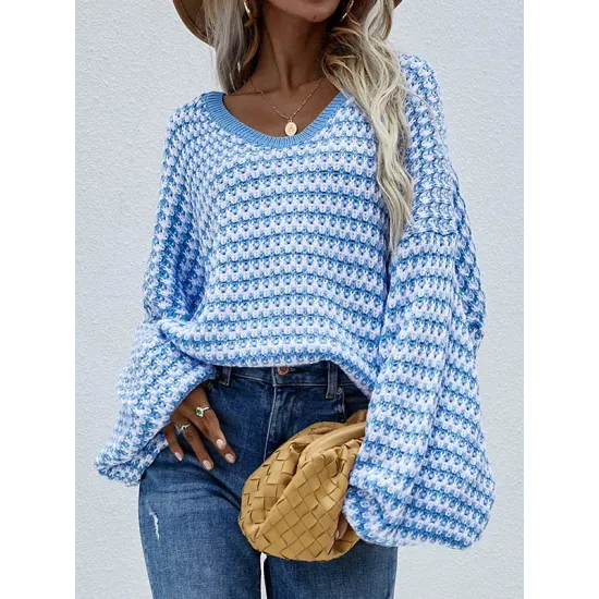 Original Loose Striped 8 Colors V-Neck Long Sleeves Sweater Top