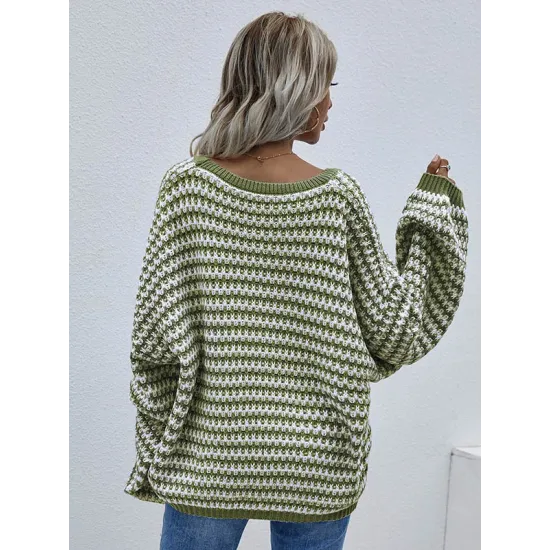 Original Loose Striped 8 Colors V-Neck Long Sleeves Sweater Top