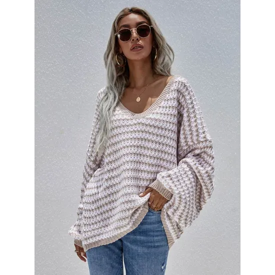 Original Loose Striped 8 Colors V-Neck Long Sleeves Sweater Top