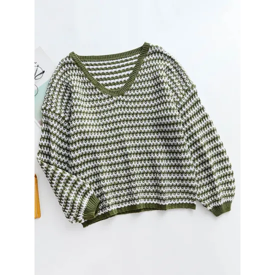 Original Loose Striped 8 Colors V-Neck Long Sleeves Sweater Top