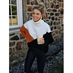 Original Loose Split-Joint Contrast Color High-Neck Long Sleeves Sweater Top