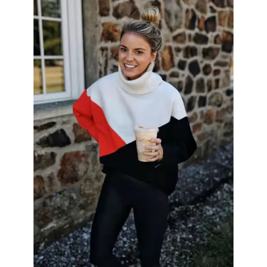Original Loose Split-Joint Contrast Color High-Neck Long Sleeves Sweater Top Original Loose Split-Joint Contrast Color High-Neck Long Sleeves Sweater Top
