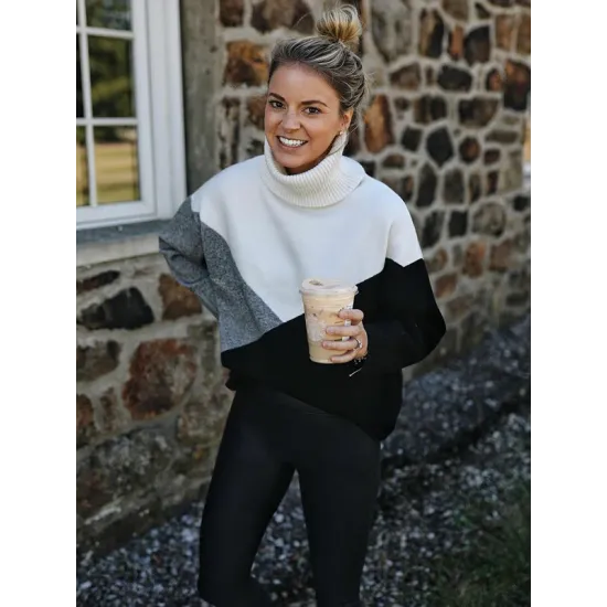 Original Loose Split-Joint Contrast Color High-Neck Long Sleeves Sweater Top Original Loose Split-Joint Contrast Color High-Neck Long Sleeves Sweater Top
