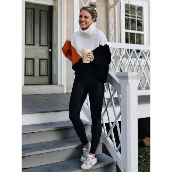 Original Loose Split-Joint Contrast Color High-Neck Long Sleeves Sweater Top Original Loose Split-Joint Contrast Color High-Neck Long Sleeves Sweater Top