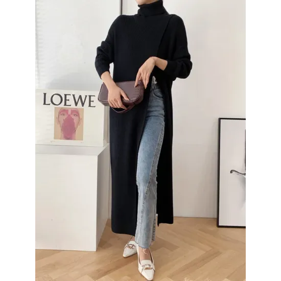 Original Loose Solid Color Split-Front Sweater Dress Original Loose Solid Color Split-Front Sweater Dress