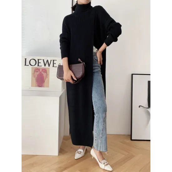 Original Loose Solid Color Split-Front Sweater Dress Original Loose Solid Color Split-Front Sweater Dress