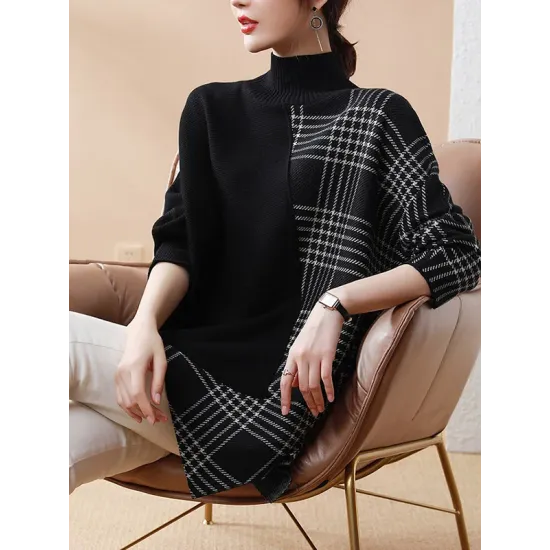 Casual Loose 3 Colors Split-Joint Plaid High-Neck Batwing Long Sleeves Sweater Top Casual Loose 3 Colors Split-Joint Plaid High-Neck Batwing Long Sleeves Sweater Top