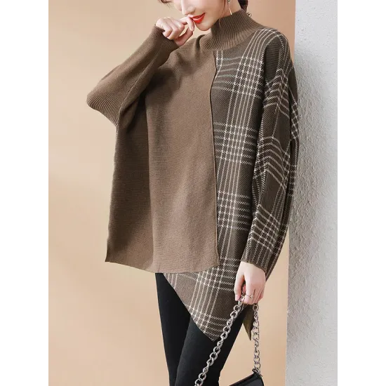 Casual Loose 3 Colors Split-Joint Plaid High-Neck Batwing Long Sleeves Sweater Top Casual Loose 3 Colors Split-Joint Plaid High-Neck Batwing Long Sleeves Sweater Top