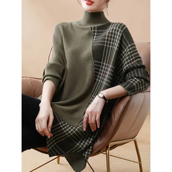 Casual Loose 3 Colors Split-Joint Plaid High-Neck Batwing Long Sleeves Sweater Top Casual Loose 3 Colors Split-Joint Plaid High-Neck Batwing Long Sleeves Sweater Top