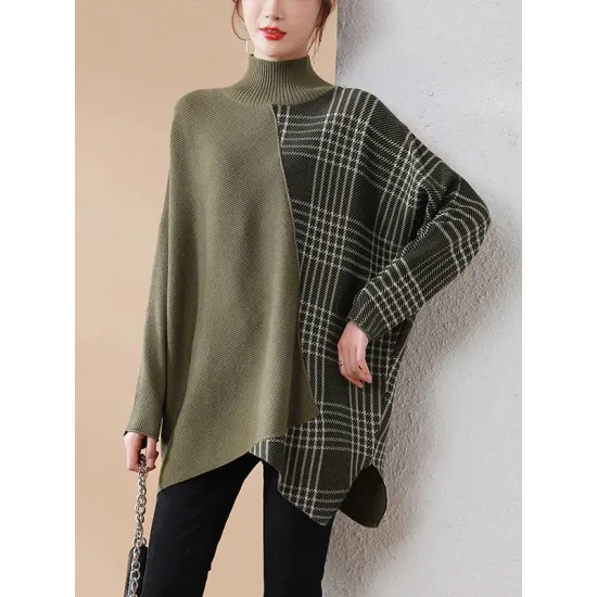 Casual Loose 3 Colors Split-Joint Plaid High-Neck Batwing Long Sleeves Sweater Top Casual Loose 3 Colors Split-Joint Plaid High-Neck Batwing Long Sleeves Sweater Top