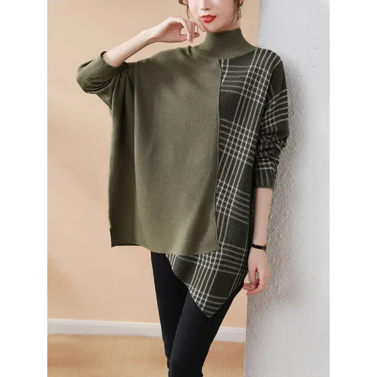 Casual Loose 3 Colors Split-Joint Plaid High-Neck Batwing Long Sleeves Sweater Top Casual Loose 3 Colors Split-Joint Plaid High-Neck Batwing Long Sleeves Sweater Top