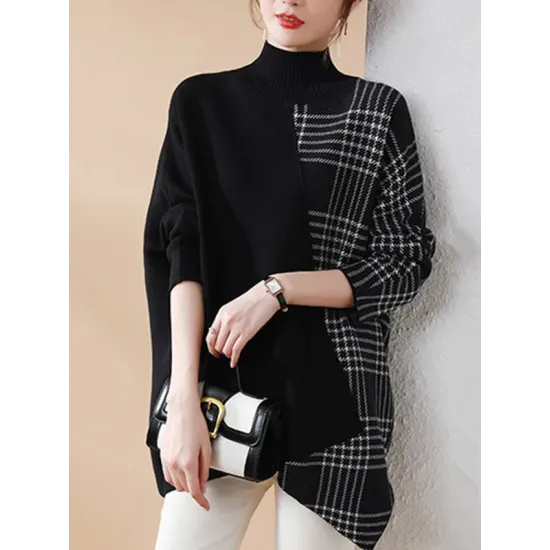Casual Loose 3 Colors Split-Joint Plaid High-Neck Batwing Long Sleeves Sweater Top Casual Loose 3 Colors Split-Joint Plaid High-Neck Batwing Long Sleeves Sweater Top