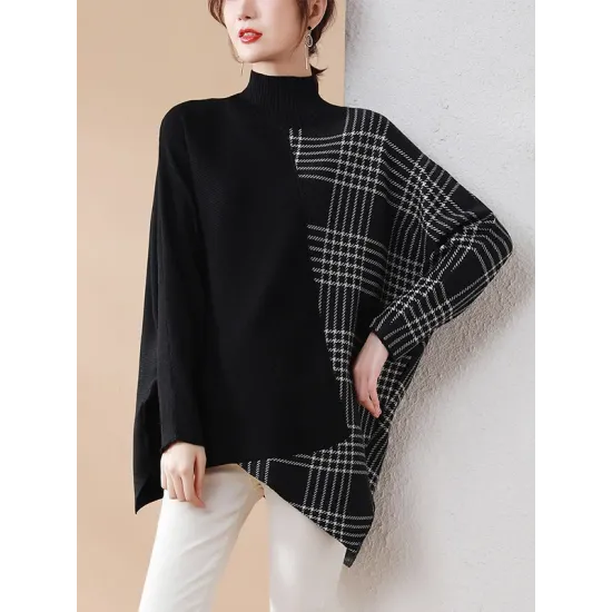 Casual Loose 3 Colors Split-Joint Plaid High-Neck Batwing Long Sleeves Sweater Top Casual Loose 3 Colors Split-Joint Plaid High-Neck Batwing Long Sleeves Sweater Top