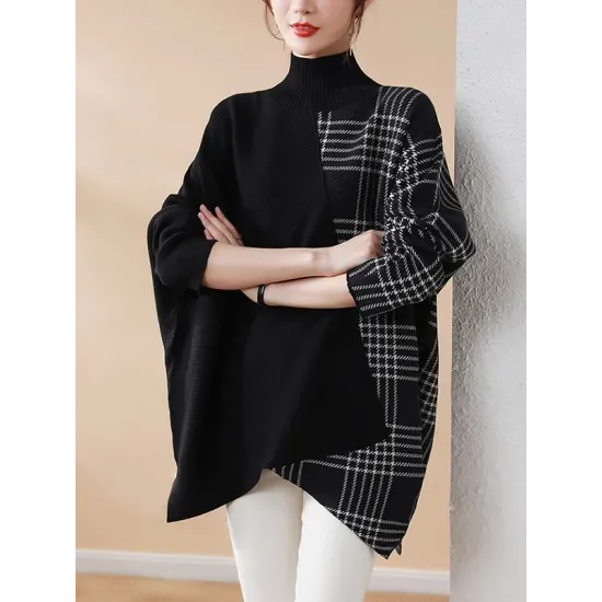 Casual Loose 3 Colors Split-Joint Plaid High-Neck Batwing Long Sleeves Sweater Top Casual Loose 3 Colors Split-Joint Plaid High-Neck Batwing Long Sleeves Sweater Top