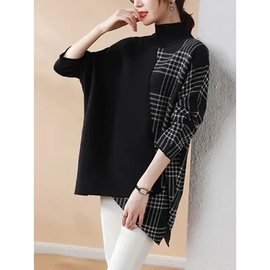 Casual Loose 3 Colors Split-Joint Plaid High-Neck Batwing Long Sleeves Sweater Top Casual Loose 3 Colors Split-Joint Plaid High-Neck Batwing Long Sleeves Sweater Top