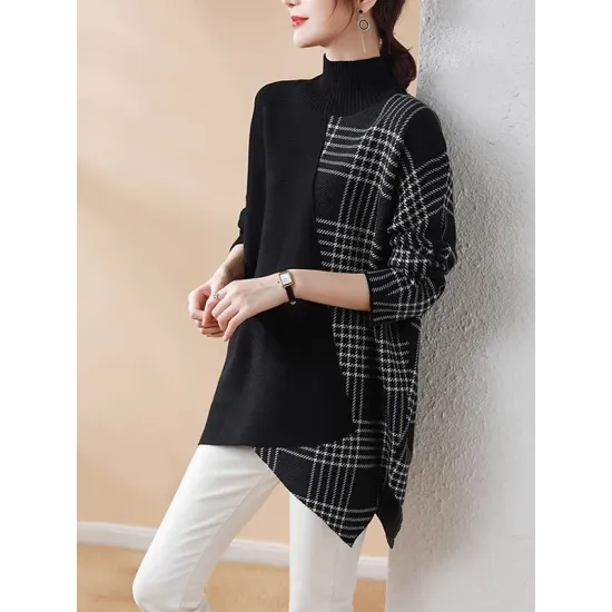 Casual Loose 3 Colors Split-Joint Plaid High-Neck Batwing Long Sleeves Sweater Top Casual Loose 3 Colors Split-Joint Plaid High-Neck Batwing Long Sleeves Sweater Top