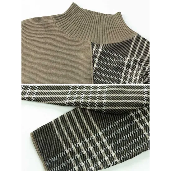 Casual Loose 3 Colors Split-Joint Plaid High-Neck Batwing Long Sleeves Sweater Top Casual Loose 3 Colors Split-Joint Plaid High-Neck Batwing Long Sleeves Sweater Top