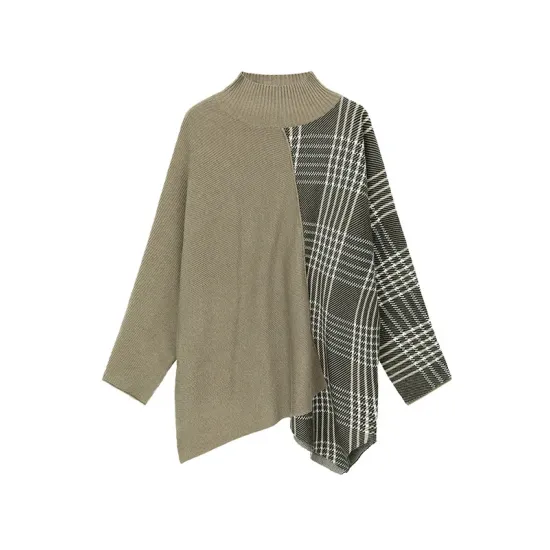 Casual Loose 3 Colors Split-Joint Plaid High-Neck Batwing Long Sleeves Sweater Top Casual Loose 3 Colors Split-Joint Plaid High-Neck Batwing Long Sleeves Sweater Top