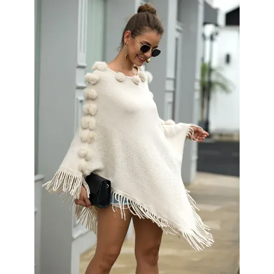 Original 6 Colors Tassels Embroidered Round-Neck Sweater Cape Original 6 Colors Tassels Embroidered Round-Neck Sweater Cape