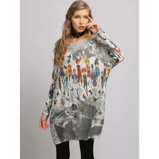 Urban Colorful Knitting Printed Long Sleeves Sweater Urban Colorful Knitting Printed Long Sleeves Sweater
