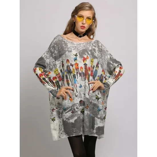 Urban Colorful Knitting Printed Long Sleeves Sweater Urban Colorful Knitting Printed Long Sleeves Sweater