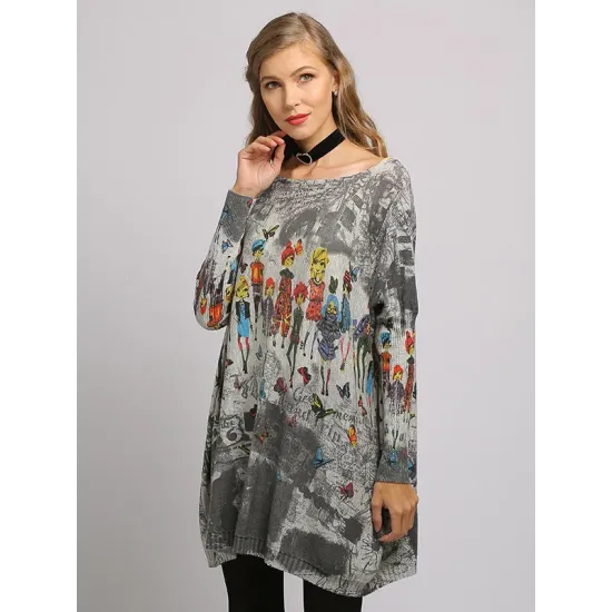 Urban Colorful Knitting Printed Long Sleeves Sweater Urban Colorful Knitting Printed Long Sleeves Sweater