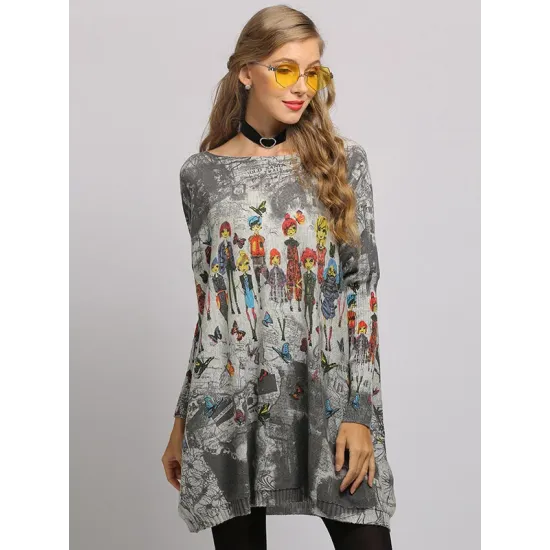 Urban Colorful Knitting Printed Long Sleeves Sweater Urban Colorful Knitting Printed Long Sleeves Sweater